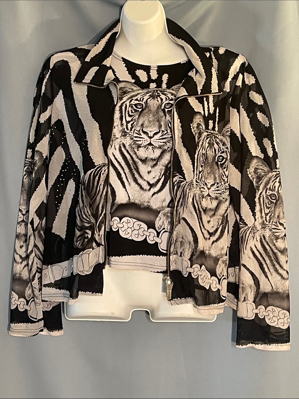 INC International Concepts Black and White Tiger Print Zip Jacket